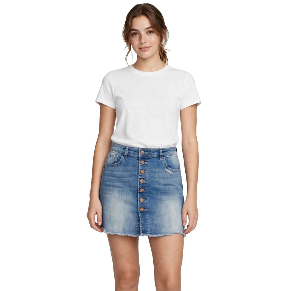 Indigo Rein 3/25 Button Front Denim Skirt Distressed Frayed Hem Blue Jean Mini